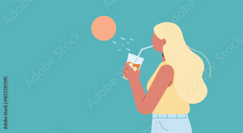 Woman sips iced drink under a graphic sun