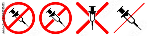 No syringe sign vector symbolizing a prohibition against injections or drug use. Represents health safety, security, and a sterile environment.