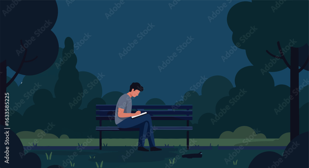 Naklejka premium Figure on bench, writing at night