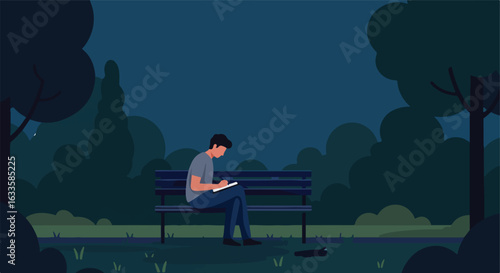 Figure on bench, writing at night