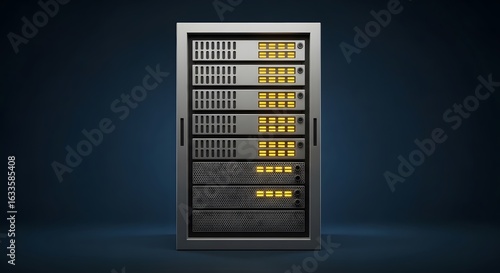 A single computer server rack with multiple hardware units and glowing yellow status lights against a dark blue background.