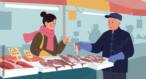 Woman pointing at a fish, vendor holding it in an outdoor market stall