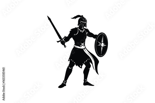 vibrant crisp clean stylish elegant modern detailed professional high quality Silhouette of a Warrior in Combat Stance Holding Sword and Shield in a Dramatic Black and White Image