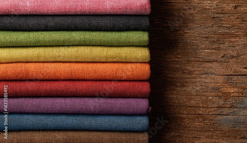 Colorful T-shirts stacked on wood; apparel online store
