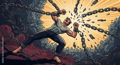 A powerful, muscular man shouts as he breaks free from heavy chains in a dramatic, explosive burst of light.