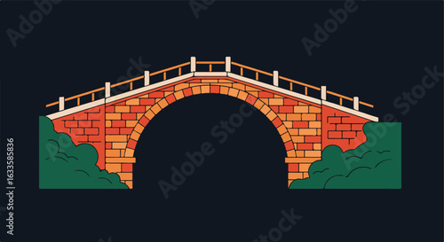 Illustrated brick bridge with vegetation and wooden railing on dark background