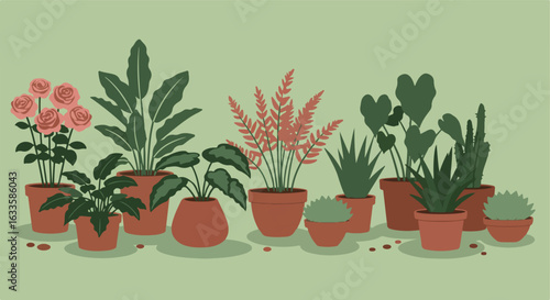 Varied indoor potted plants against a light green background