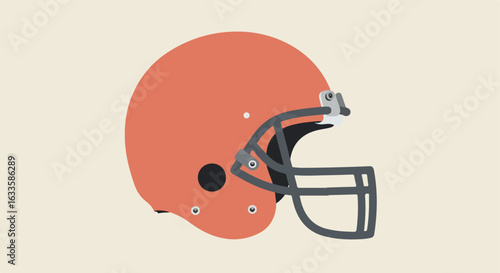 Football helmet is depicted with orange shell and gray facemask on a cream backdrop