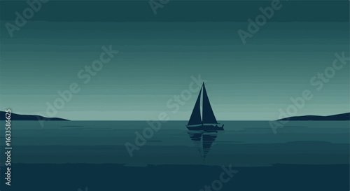 Teal seascape with sailboat silhouetted against islands; reflections visible