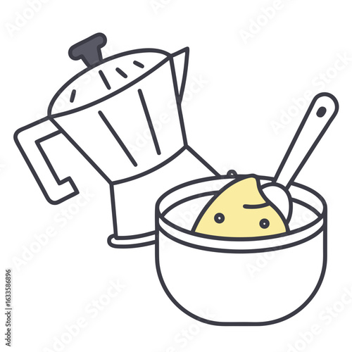 A minimalist line drawing of a moka pot next to a bowl with a spoonful of a yellow ingredient for making coffee.