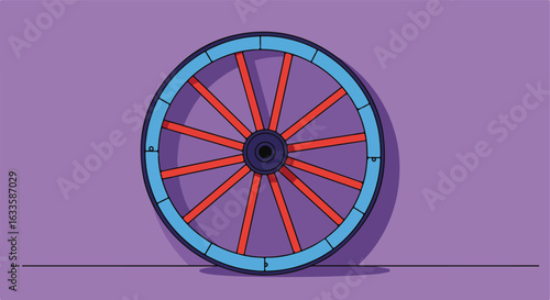 Wagon wheel illustration with red spokes and cyan rim on a lavender background