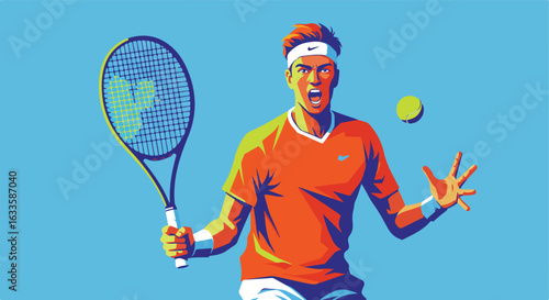 Animated tennis player with racquet and ball reacts against blue background