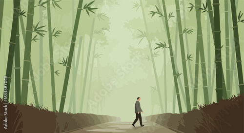 Man walks path between rows of bamboo in a hazy forest