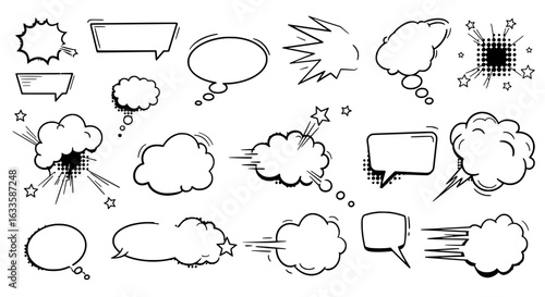 Comic Book Speech Bubbles: A dynamic collection of speech bubbles, capturing various shapes and styles, are essential elements for adding energy to comic illustrations.