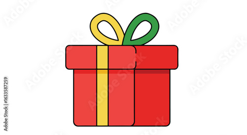 Red gift box tied with yellow ribbon and green bow