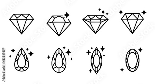 Sparkling Gemstones: A collection of meticulously crafted diamond illustrations showcasing various elegant cuts, capturing the timeless allure of luxury and opulence.