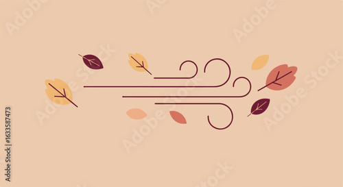 Windy illustration of fall leaves blowing in the wind on beige background