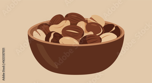 Brown bowl brimming with tan cashews and dark brazil nuts on a light background