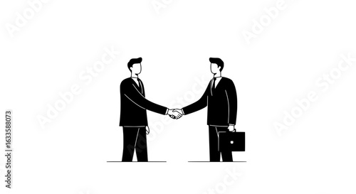 Handshake: Two formally dressed figures engage in a decisive handshake. The clean, minimalist illustration embodies agreement, partnerships, and deals. 