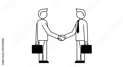 Partnership Handshake: A minimalist depiction of two businessmen sealing a deal through a firm handshake, carrying briefcases symbolizing their readiness for business.