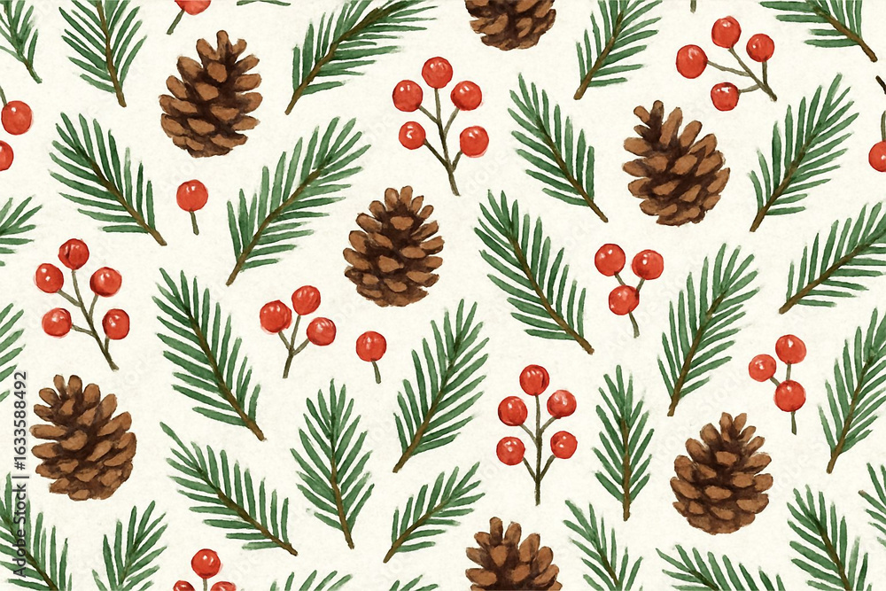 Obraz premium Festive christmas pattern with pine cones and red berries on a light background