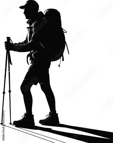 Silhouette hiker with backpack and poles trekking poles