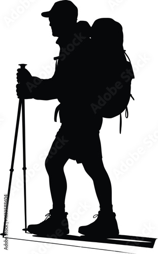 Hiker with backpack and poles hiking trekking