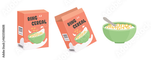 Ring cereal cardboard. Open cardboard cereal. Cereal breakfast. Daily breakfast.