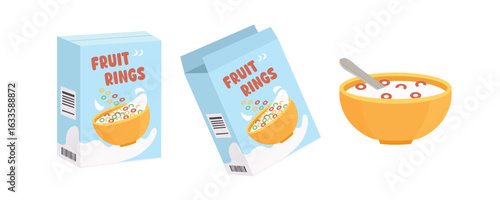 Cereal advertisement product. Cereal rings. Breakfast meal.