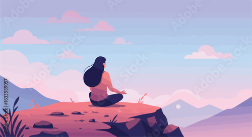Woman in lotus pose on a hill, overlooking mountains and a pastel sky