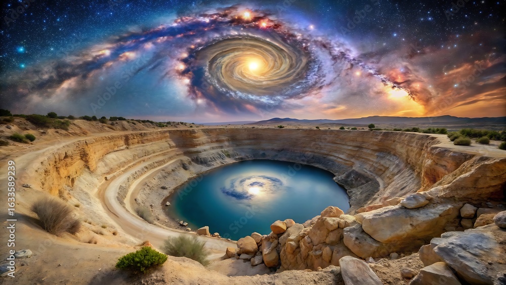 Obraz premium Surreal Desert Oasis: Cosmic Galaxy Swirl Above Tranquil Crater Lake at Sunset