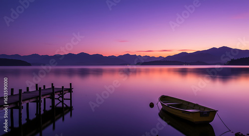 A stunning nature photograph of a purple-hued sunset over a calm lake, creating a peaceful mood.

