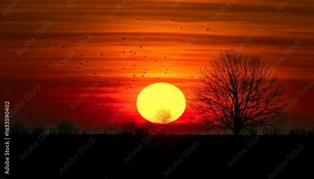 Obraz premium Glowing Sunset with Tree Silhouette and Birds