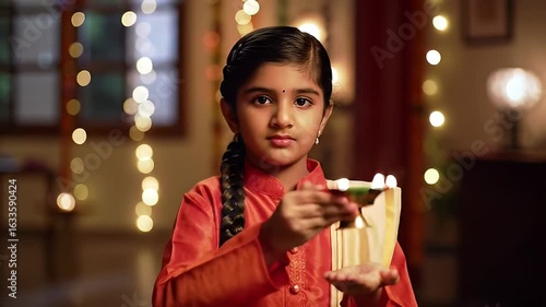 Young Indian Girl in Traditional Attire Holding Lit Diya Oil Lamp