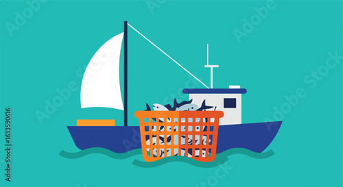 Fishing boat with basket of fish on sea