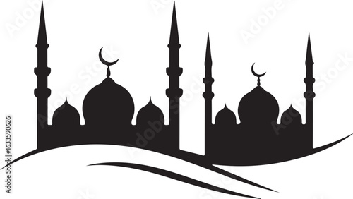Serene Silhouette A Mosque Scene Evoking Peace and Islamic Artistry Representing Faith Culture and Architectural Grandeur Against a Pristine White Canvas