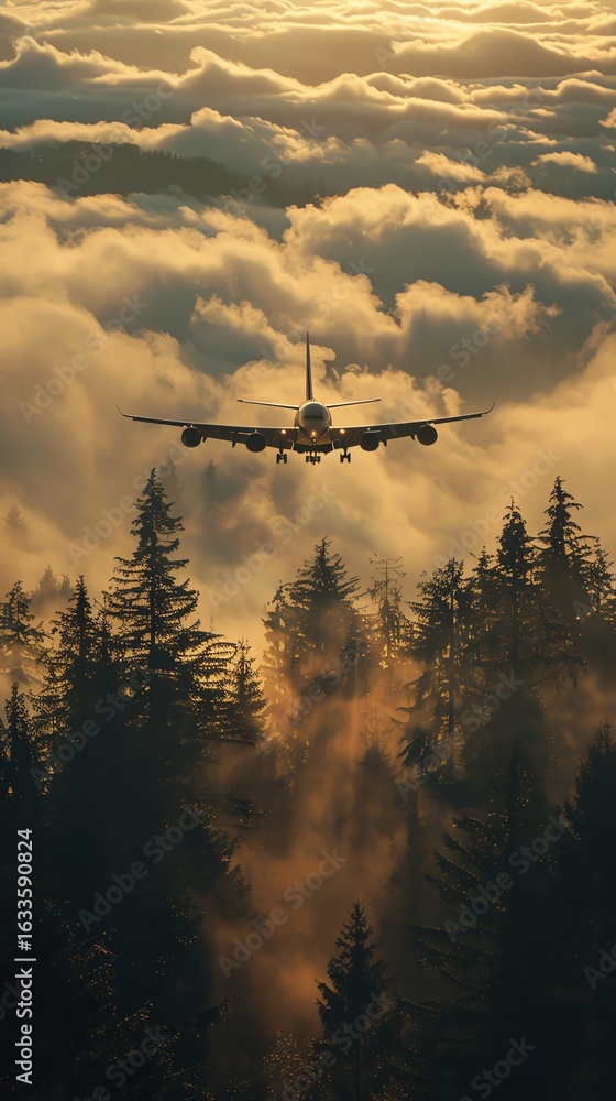 Fototapeta premium Passenger Airplane Flying Above Forest with Dramatic Cloudy Sky During Sunset