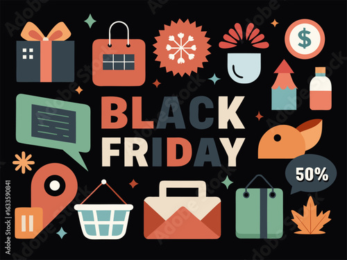 Black Friday Social Media Marketing Icons | Vector Set for Online Shopping. Black Friday Vector Illustration with Social Media and Shopping Icons