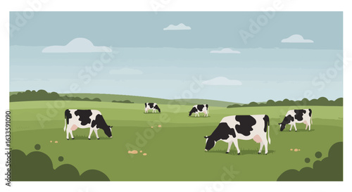 Cows graze in a flat, green pasture under a pale blue, cloudy sky
