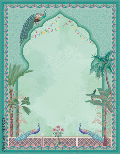 Traditional Mughal style invitation design elegant peacocks, tropical foliage, festive string lights, and geometric borders with a pastel green background. 
