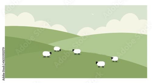 Flat landscape of green hills with sheep grazing under a partly cloudy sky