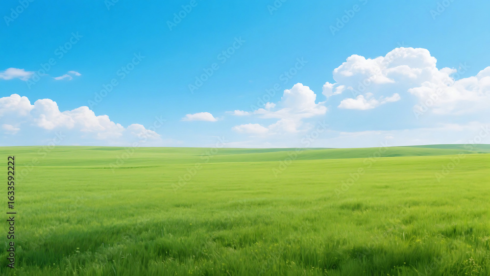 Naklejka premium A serene landscape featuring a lush green field under a clear blue sky with scattered white clouds above