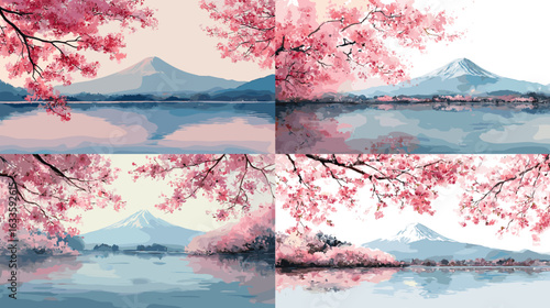 Scenic landscape illustration of Mount Fuji with blooming cherry blossoms reflected in calm lake water. Serene Japanese-inspired artwork perfect for travel, nature, or wall decor themes.