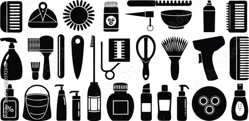 Assortment of grooming and hygiene product icons in black silhouette on a white background beauty skincare