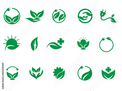 Green energy icon bundle vector with Eco Plug, Leaf, Sun, and Health Symbols. Eco-Friendly Vector Icons of Leaf, Plug, and Solar Power. Green ecology vector collection design template. 