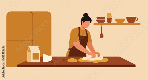 Baker kneading dough on counter in kitchen with flour, cabinet and shelf