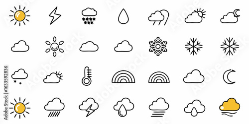 Weather forecast icons set vector illustration sun cloud rain snow thunder temperature and more weather elements icons collection on transparent background