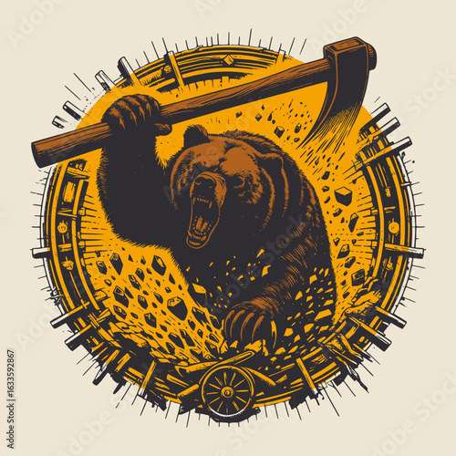 Vintage style vector art featuring miner bear