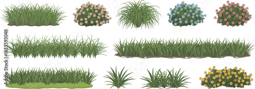Vector cartoon grass and flowering bushes set, colorful garden landscape elements for outdoor environment, lawn and plant decorations