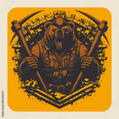 Vector drawing of an animal bear miner with tools